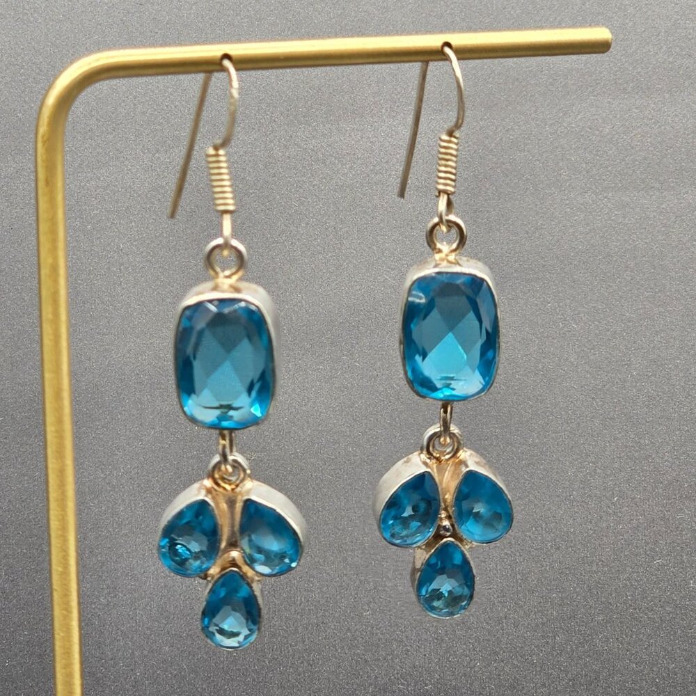 Sterling Silver Dangle Earrings 2.5" Blue Glass Gemstones 12.35g - Picture 5 of 14